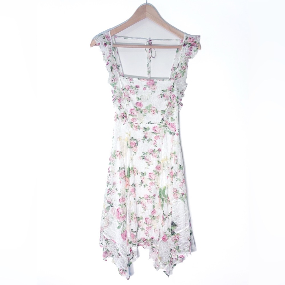 BCBGMAXAZRIA Floral Lace Handkerchief Mini Dress White Pink Ruffle Hem Size S